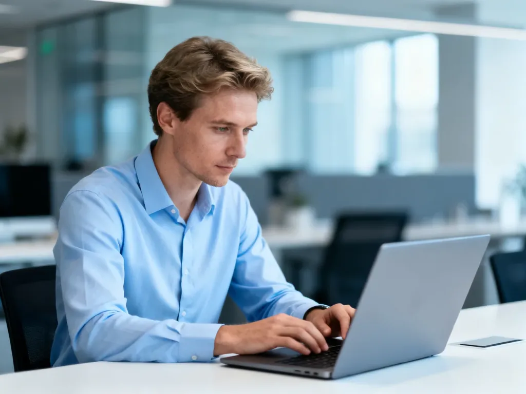Skupiony pracownik biurowy przy laptopie w nowoczesnym wnętrzu, symbolizujący efektywną pracę i realizację zadań w terminie.
